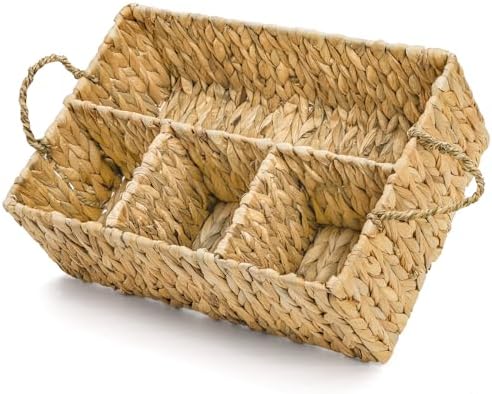 Divided Water Hyacinth Storage Basket, 4 Section Natural Wicker Storage Bin, Woven Storage Organizer with Handle, Large Basket for Shelves Countertop Bathroom Pantry, 16" L x 10.5" W x 5.5" H - Image 4