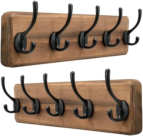Dseap Wall Mounted Coat Rack: Patented, Heavy-Duty, 17.4" Long 5-Double-Hooks Wooden Hanger Rail for Winter Coats, Hat, Jacket, Clothing - Natural & Black, Pack of 2 by Dseap