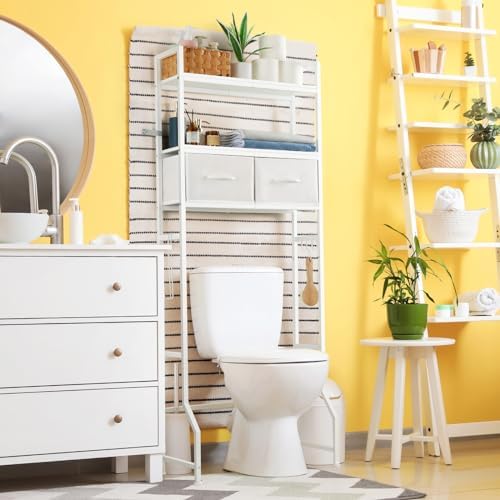YBING Over The Toilet Storage Cabinet, Over Toilet Bathroom Organizer with Drawer, Roll Holder and Hooks, Bathroom Storage Cabinet, Wooden, White - Image 6