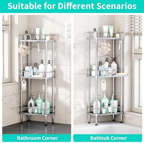 HapiRm Standing Corner Shower Caddy - 3 Tier Corner Shower Organizer with Soap Holder, Rustproof Stainless Steel Bathroom Shelf with 4 Hooks, Silver - Image 4