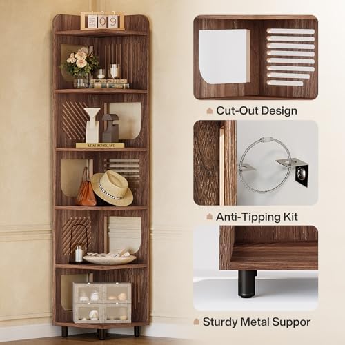Tribesigns 6-Tier Corner Bookshelf, Tall Narrow Corner Shelf Bookcase with Hollow Design, Farmhouse Skinny Display Shelf for Living Room, Bedroom, Small Space, Brown - Image 6
