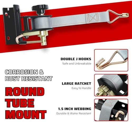 Rack Straps with J-Hook (4PK),1.5" x7.5' Ladder Rack Ratchet Straps, 2" Round Tube Mount, Perfect Ladder Rack Tie-Downs for Trailer Cargo Control - Image 3