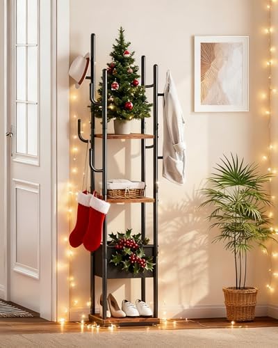CHOEZON Coat Rack Freestanding, Coat Rack with 3 Shelves, 8 Hooks and 1 Fabric Pouch, Square Coat Hanger Stand, Metal Clothes Tree for Living Room, Bedroom, Entryway, Rustic Brown and Black TYM03BF - Image 5