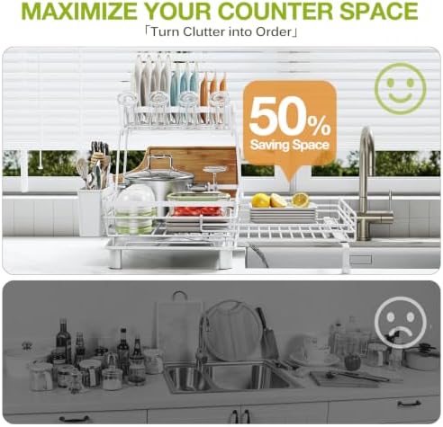 2-Tier Expandable Dish Drying Rack for Kitchen Counter, White - Image 5