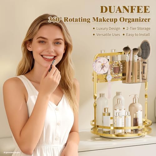 360° Rotating Makeup Organizer for Vanity, Gold Bathroom Organizer - Image 2