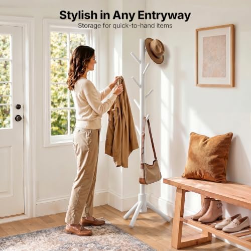 AMADA Solid Wooden Coat Rack Freestanding with 8 Hooks, White - Image 2