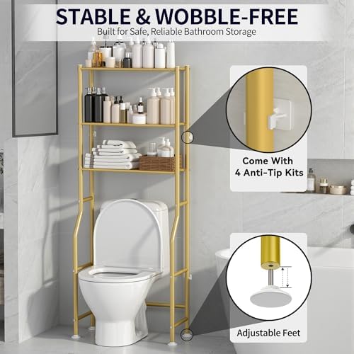 3-Tier Over The Toilet Storage, Freestanding Metal Bathroom Shelves, Space Saver Above The Over Toilet Storage Shelf for Bathroom (Gold) - Image 5