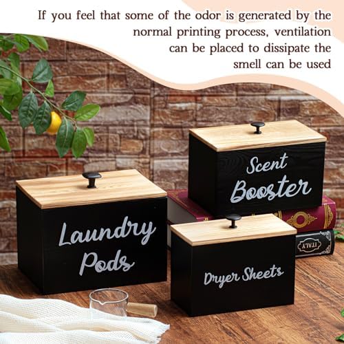Dandat 3 Pcs Wood Laundry Pods Container Farmhouse Decoration Laundry Room Organization and Storage, Rustic Dryer Sheet Holder Scent Booster Container Set with Scoop(Black) - Image 6