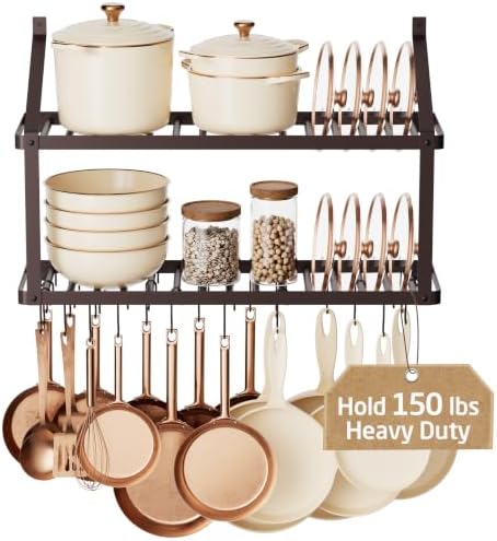 KES 150 lb High-Capacity Oil Rubbed Bronze Pot Rack Wall Mounted with Pot Lid Holder, 34 Inch Heavy-Duty Pots and Pans Hanging Rack with 20 Hooks, Drilling Template Provided for Easy Install by KES