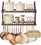KES 150 lb High-Capacity Oil Rubbed Bronze Pot Rack Wall Mounted with Pot Lid Holder, 34 Inch Heavy-Duty Pots and Pans Hanging Rack with 20 Hooks, Drilling Template Provided for Easy Install by KES