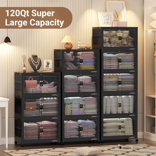 BROVIEW 360Qt Stackable Storage Bins with 3 Lids, Extra Large Closet Organizer Collapsible Drawer Boxes with Wheels, Folding Plastic Cabinet Containers for Home Kitchen Room Organization, 3Pack Black - Image 5