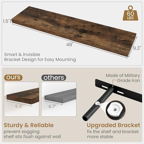 Fun Memories 48 Inch Floating Shelves, 9.3 Inch Deep Wall Shelves for Bathroom, Living Room, Bedroom, Kitchen, Deep Long Shelf Wall Mounted 1 Pack Shelf for Books, Decor, Rustic Brown - Image 3