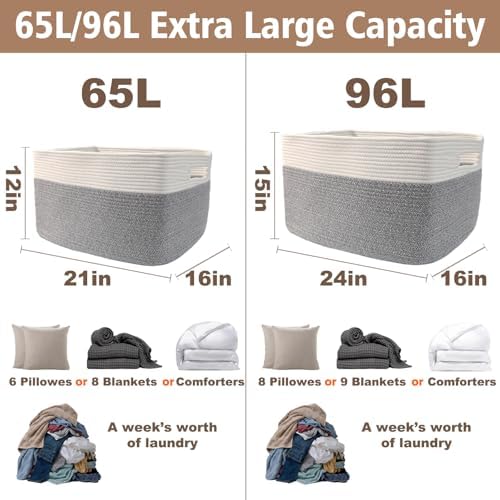 JMvicyroam 96L Large Woven Cotton Rope Blanket Basket, White&Grey - Image 3