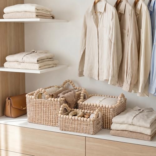 Boho Wicker Storage Baskets for Shelves: Set of 3 Woven Decorative Storage Bins with Handles, Stackable Seagrass Shelf Baskets for Organizing, Wicker Basket for Bathroom, Bedroom, Closet, Pantry - Image 5