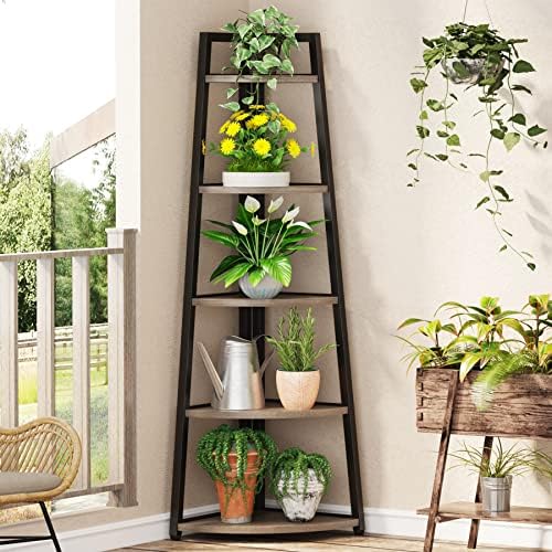 Tribesigns 70 inch Tall Corner Shelf, 5 Tier Industrial Corner Bookshelf Bookcase Industrial Corner Ladder Shelf Plant Stand for Living Room, Kitchen, Home Office (Grey) - Image 6