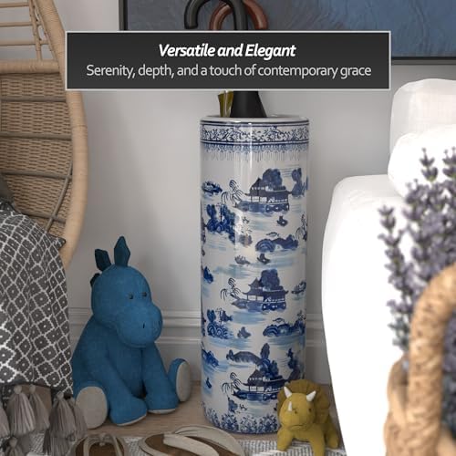Oriental Furniture 20" Landscape Blue & White Porcelain Umbrella Stand - Image 5