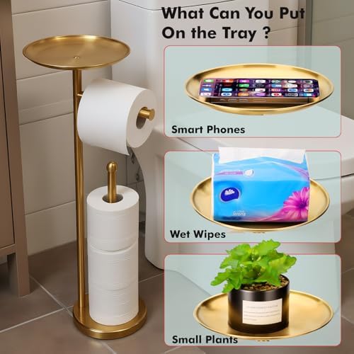 Freestanding Toilet Paper Holder with Shelf, Gold Toilet Paper Stand with Storage Tray and Space for 4 Extra Rolls - Image 3