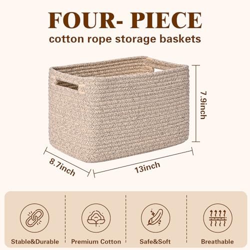 Storage Baskets for Organizing, 4 Pack Baskets for Shelves, Decorative Storage Bins for Shelves, Cotton Rope Storage Basket with Handles, Woven Basket for Storage, 13''Lx8.7''Wx7.9''H, Brown - Image 3
