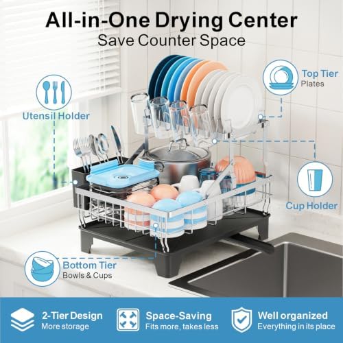 iSPECLE 2 Tier Dish Drying Rack for Kitchen Counter - Large Drainer, Silver - Image 2