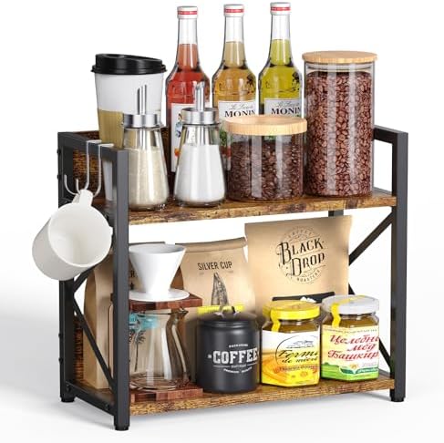 RUILALIFE Coffee-Bar-Station-Organizer Shelf for Countertop, 2 Tiers Kitchen Counter Shelf Riser, Wooden Spice Rack Organizer, Coffee Bar Accessories(Rustic Brown, Large) by RUILALIFE