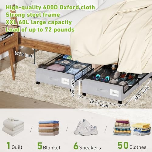 Tututry Under Bed Storage with Wheels, XXL 60L Under the Bed Storage Bins, Underbed Storage Containers with Lids & Label, Rolling Metal Drawer for Shoes, Clothes, Books, Toys (4-Pack Gray) - Image 2