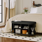 DHH 2-Tier Storage Bench,Wide Shoe Bench with Thickened Padded Seat Cushion, Mid Century Modern Fluted Sliding Door and Adjustable Shelf, for Entryway, Living Room, Bedroom (Black, 35.4“) - Image 7