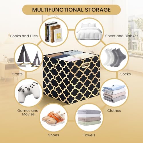 Posprica 13x13x13 Storage Cube Bins, Collapsible Storage Bins Fabric Storage Cubes Organizer Baskets Box Drawers for Shelves, Closet, Wardrobe, Bookshelf, Cabinet,(Set of 4, Black/Gold lantern) - Image 5