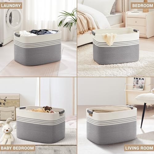 100L Large Woven Laundry Basket Hamper with Leather Handles,Grey - Image 4