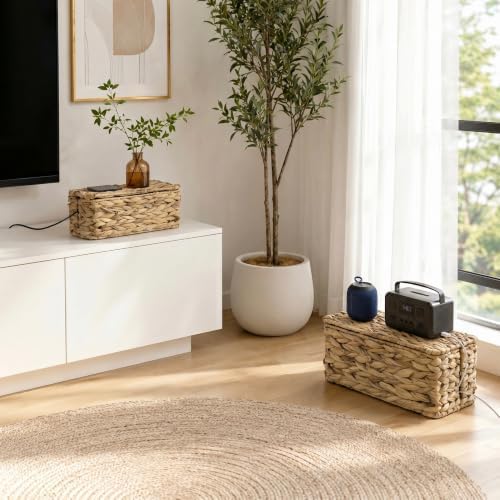 2 Pack Handwoven Cable Management Box with Lid, Decorative Cord Organizer for Power Strips, Chargers, TV Wires, Desk, Home & Office Storage, Natural Water Hyacinth - Image 7