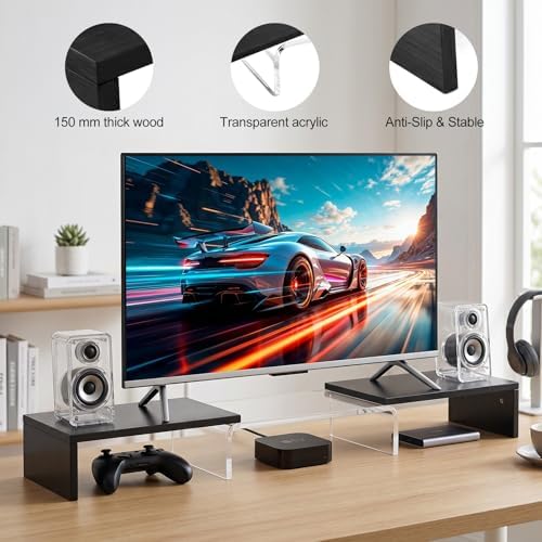 Dual Monitor Riser, Acrylic Monitor Riser, Adjustable Angle & Length Computer Monitor Stand, Wide Desk Shelf for Top of Desk for Home Office_Black Maple Look Small - Image 6