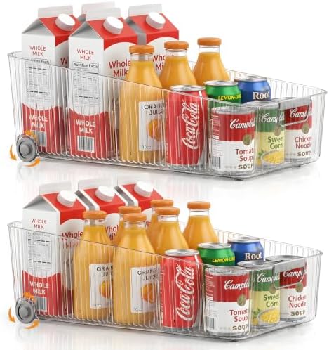 2 Pack Fridge Organizer Bins with Wheels, Clear Roll Out Refrigerator Drawers with Adjustable Dividers and Handles, PET Pantry Storage Bins for Drinks, Snacks, Cans and Cabinet by OZEPLASC