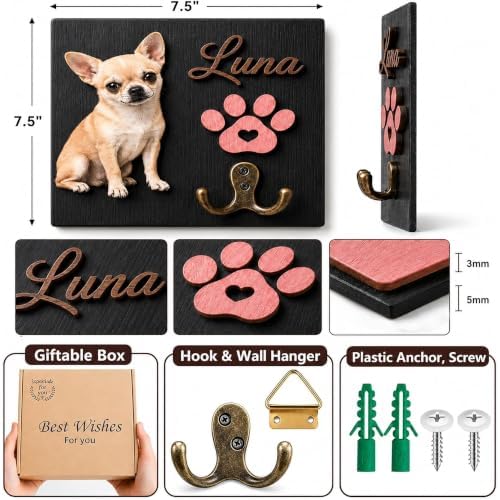 Personalized Dog Key Hook for Wall Mount with Custom Portrait & Name, Paw Print Wooden Wall Organizer, Pet Collar and Harness Holder, Key and Leash Rack for Entryway, Home Decor for Pet Lovers - Image 5
