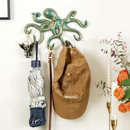 Sungmor Cast Iron Key Holder for Wall, Green Octopus Hanger with 6 Hooks, - Image 3