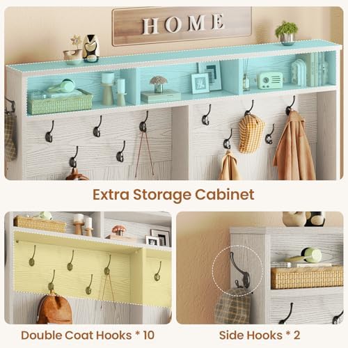 Itaar Hall Tree with Bench and Shoe Storage, 5-in-1 Entryway Bench with Coat Rack, 16 Shoe Cubbies & 12 Coat Hooks, Barn Door & Adjustable Shelf (Embossed White) - Image 4