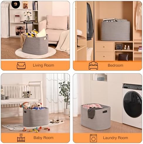 ICERZCZ Large Grey Storage Basket, Blanket Baskets for Living Room, Large Toy Basket for Storage, Woven Cotton Rope Baskets for Blankets, Clothes, Shoes, Books, Grey, 25”x16”x16” (105L) - Image 4