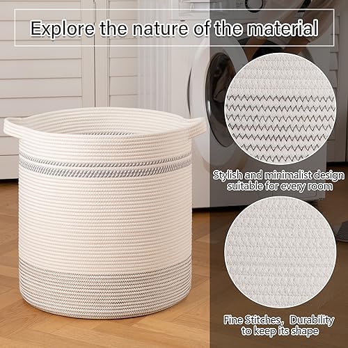 OIAHOMY 80L Laundry Basket, Laundry Hamper, Cotton Rope Storage Basket with Handles, Decorative Woven Basket for Living Room,Storage Baskets for Clothes, Blankets, and Toys -20''×18'', White&Gray - Image 3