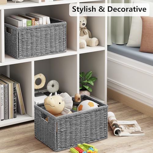 Vagusicc 2 Packs Large Wicker Storage Basket, Closet Storage Baskets Bins for Shelves, Decorative Collapsible Baskets for Organizing Clothes Toy Nursery Bathroom Organizers and Storage, Grey - Image 7