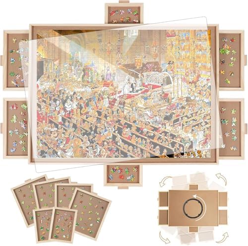 BuilderButler 1000 Pieces Rotating Puzzle Board with 6 Drawers,30.16"x22.44" Portable Wooden Jigsaw Puzzle Table with Lazy Susan Spinning Cover by Unknown