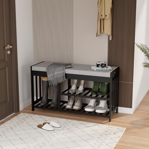 Bamboo Shoe Storage Bench with Cushioned Seat 3-Tier Entryway Shoe Rack by HEALTHYYOU