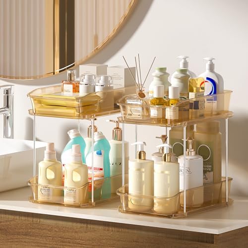 Delamu 2-Tier Under Sink Organizers and Storage, Multi-Purpose Stackable Bathroom Cabinet organizers, Pull Out Kitchen Pantry Organization and Storage with Dividers(4 Pack, Amber) - Image 6