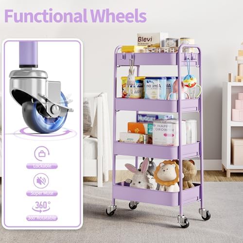 TOOLF 4 Tier Metal Rolling Cart, Utility Storage Cart with Wheels, Purple - Image 5