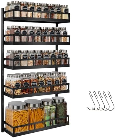 X-cosrack Wall Mount Spice Rack Organizer 5 Tier Height-Adjustable Hanging Spice Shelf Storage for Kitchen Pantry Cabinet, Dual-Use Seasoning Holder Rack with Hooks, Black-Patented by X-cosrack