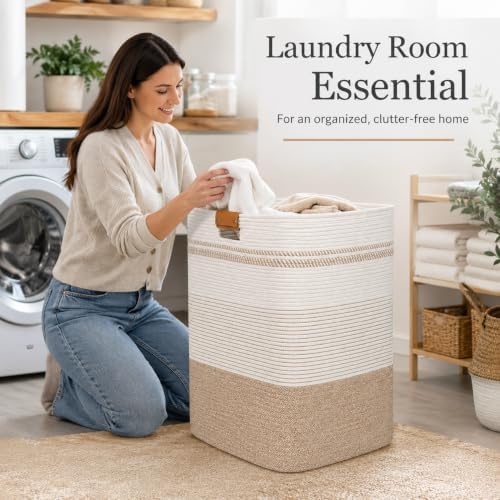 Laundry Hamper, Cotton Rope Laundry Basket with Leather Handles, 25.1-Gallon/95 L Large Clothes Hampers for Laundry, Woven Laundry Baskets for Blankets, Clothing, Bedroom, Living Room, Nursery - Image 3