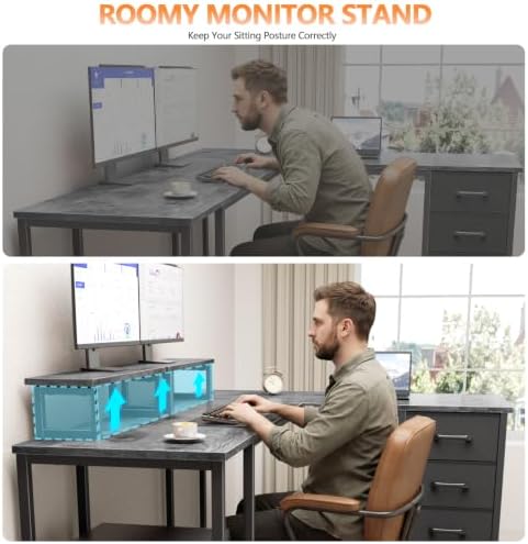 Korfile 59 inch L Shaped Computer Desk with Power Outlets, Grey - Image 7