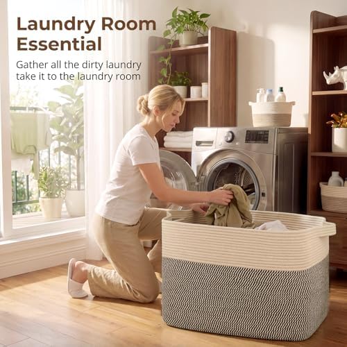OIASKET 108L Cotton Rope Storage Basket for Living Room and Bedroom 25"x16"x16" Woven Laundry Basket, Heavy Duty Bin for Blankets, Pillows & Toys, Pet-Safe & Scratch-Free, Brown and Black - Image 6