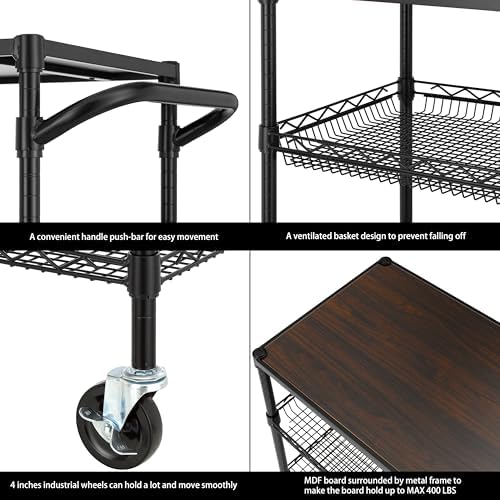 Finnhomy 3 Tier Heavy Duty Commercial Grade Utility Cart with Wood Top, Wire Rolling Cart with Wheels and Handle Bar, Kitchen Carts on Wheels, 18x36x35.4 H Metal Cart with 600 LBS Capacity, Black - Image 6
