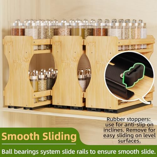BAMEOS Pull Out Spice Rack Organizer for Cabinet, Bamboo Wide 13.9" Slide Out Seasoning Organizer for Kitchen, No Drill Anti-Tip Ball Bearing Silent Glides, Pantry Cabinet Organizer,Natural - Image 6
