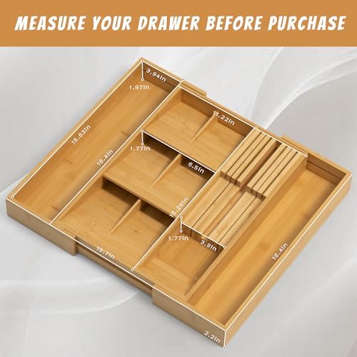 Becko US Bamboo Expandable Silverware Drawer Organizer With Knife Block - Image 5