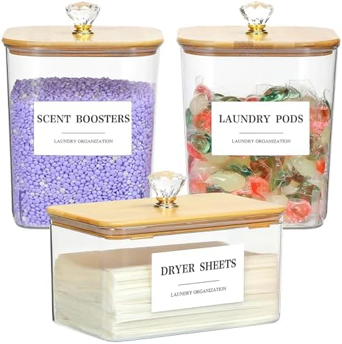 3 Pack Large Laundry Powder Container and Dryer Sheet Holder with Airtight Lid, Clear Plastic Laundry Pods Container for Laundry Room with Scoops, 12 Lables by Dounozzi