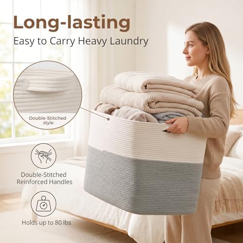OIASKET 108L Cotton Rope Storage Basket for Living Room and Bedroom 25"x16"x16" Woven Laundry Basket, Heavy Duty Bin for Blankets, Pillows & Toys, Pet-Safe & Scratch-Free, Grey and White - Image 3